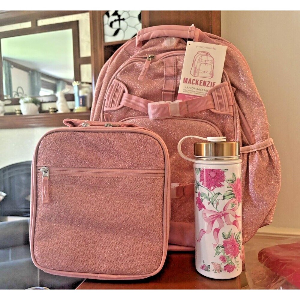 School Pottery barn kids LARGE BACKPACK LUNCH WATER Glitter Floral Bag Travel . - Picture 7 of 16